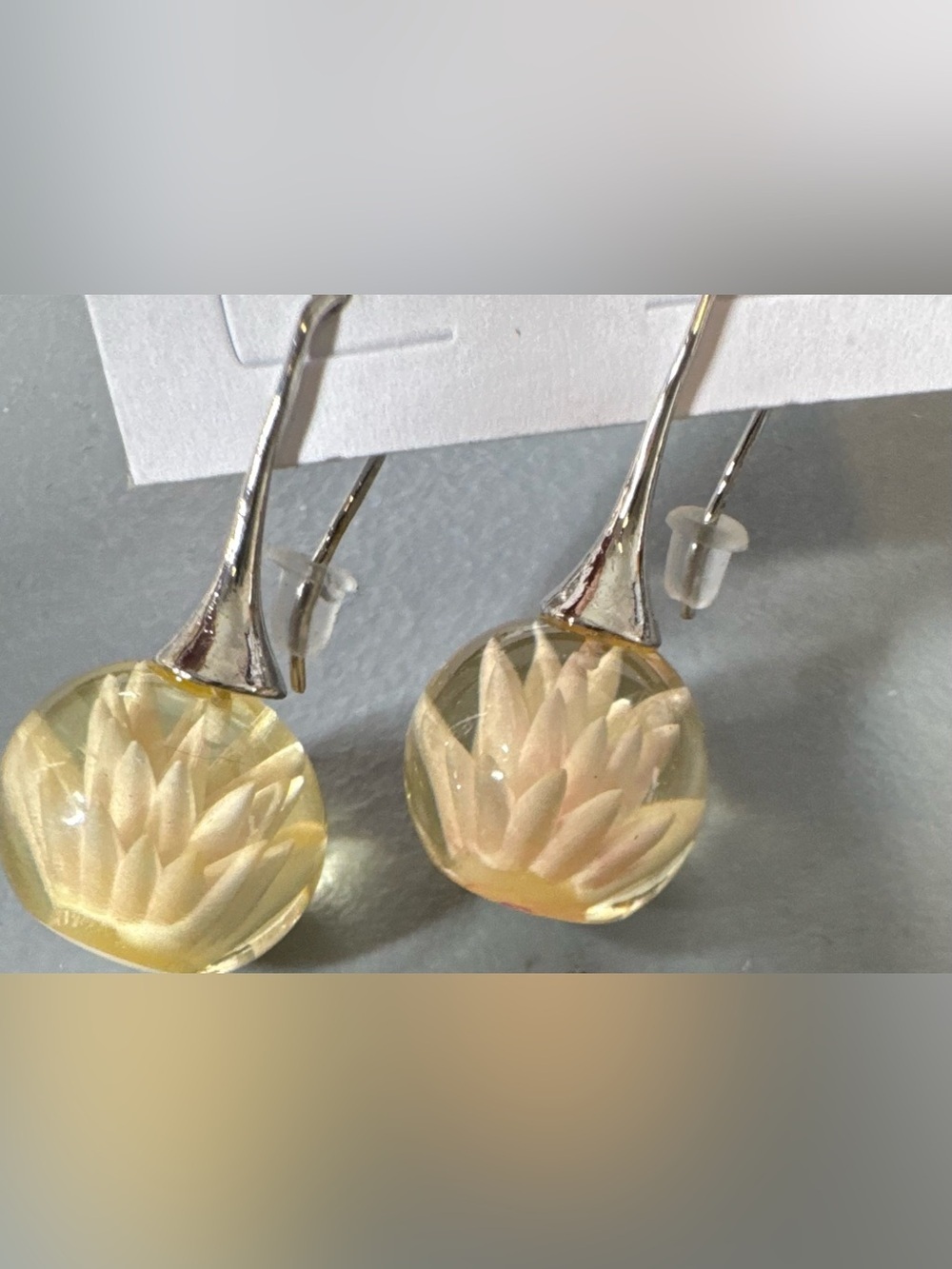 Yellow Resin Flower Drop Earrings silver tone accent